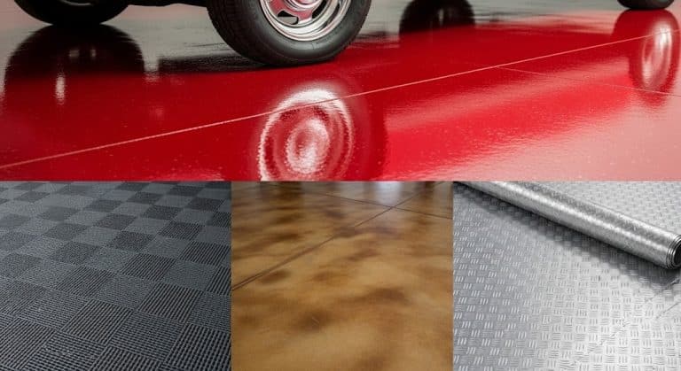 Four panels showing garage floor options: a car on a glossy red epoxy finish, interlocking tiles, concrete, and a roll-out mat.