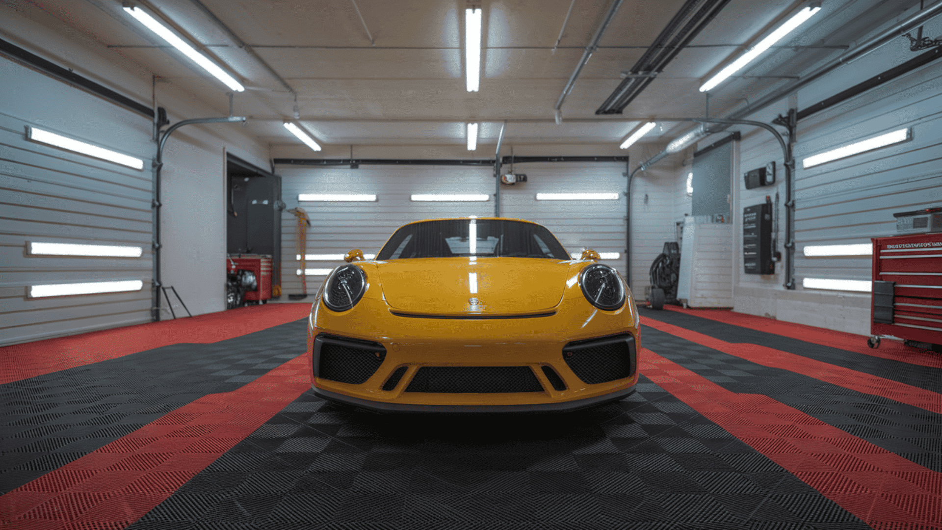 A yellow sports car parked inside a well-lit showroom garage on a black and grey checkered interlocking tile floor.