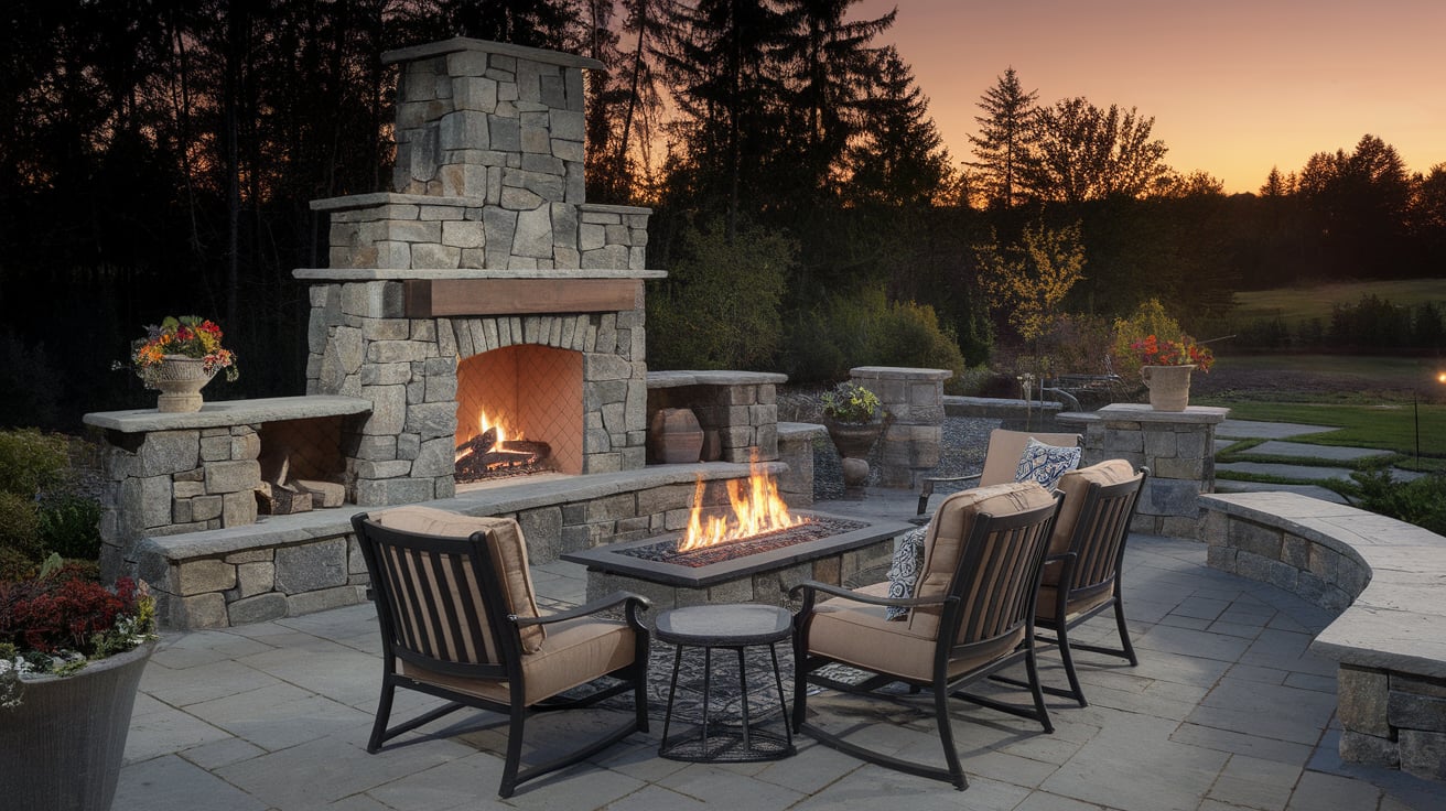 Outdoor patio seating area with a large stone fireplace, patio chairs, a fire pit table, and surrounding trees at sunset.