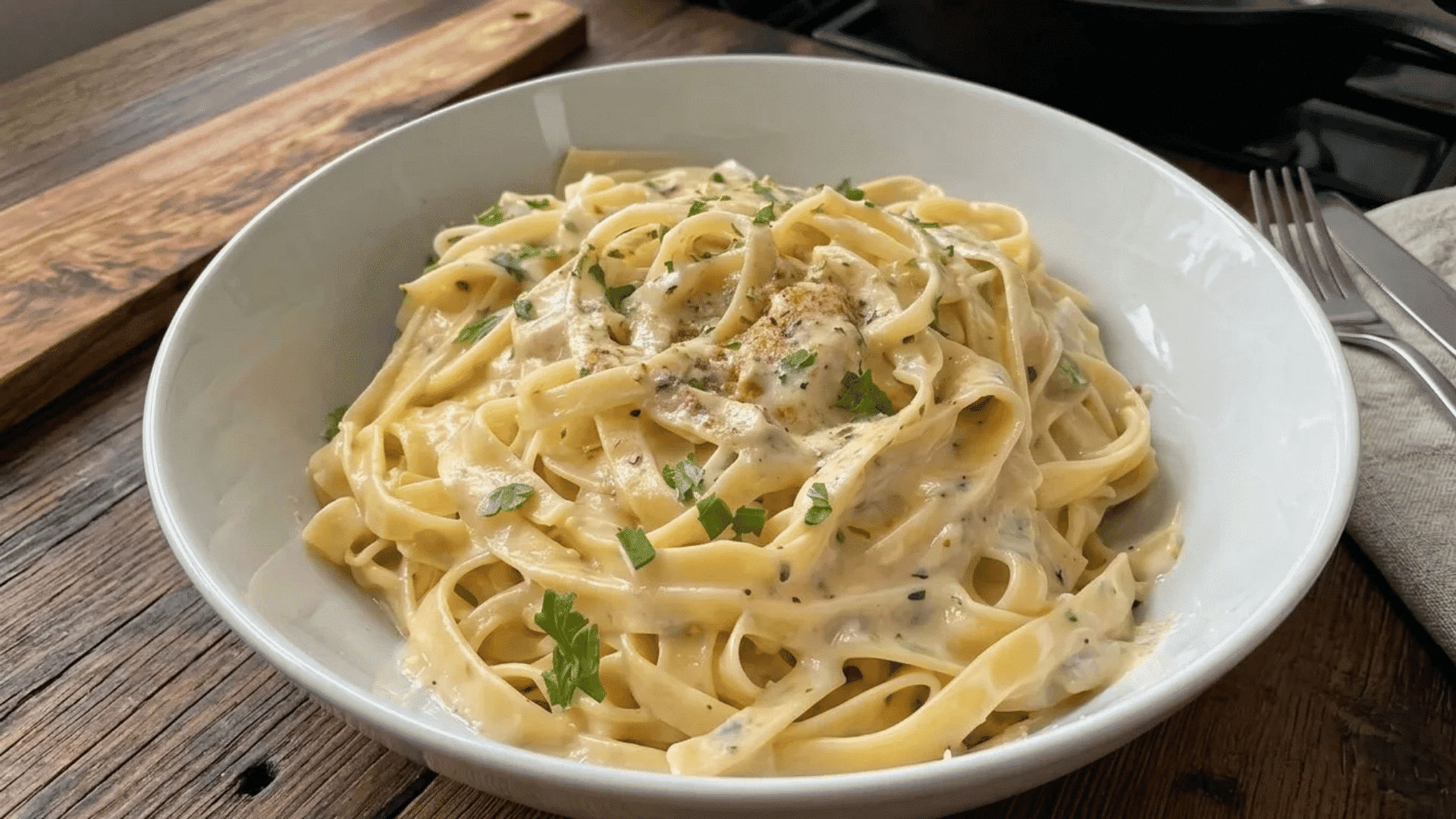 Creamy garlic butter pasta topped with herbs and parmesan in a warm bowl for an easy comfort dinner.