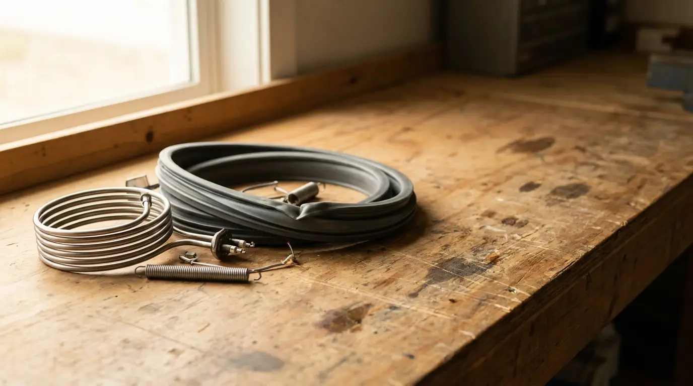 Coiled cables and spark plugs on a wooden workbench in natural light