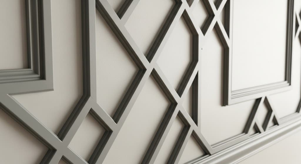 An image of geometric panel molding featuring thin, white wooden strips arranged in a bold diamond and cross-hatch pattern on a wall.