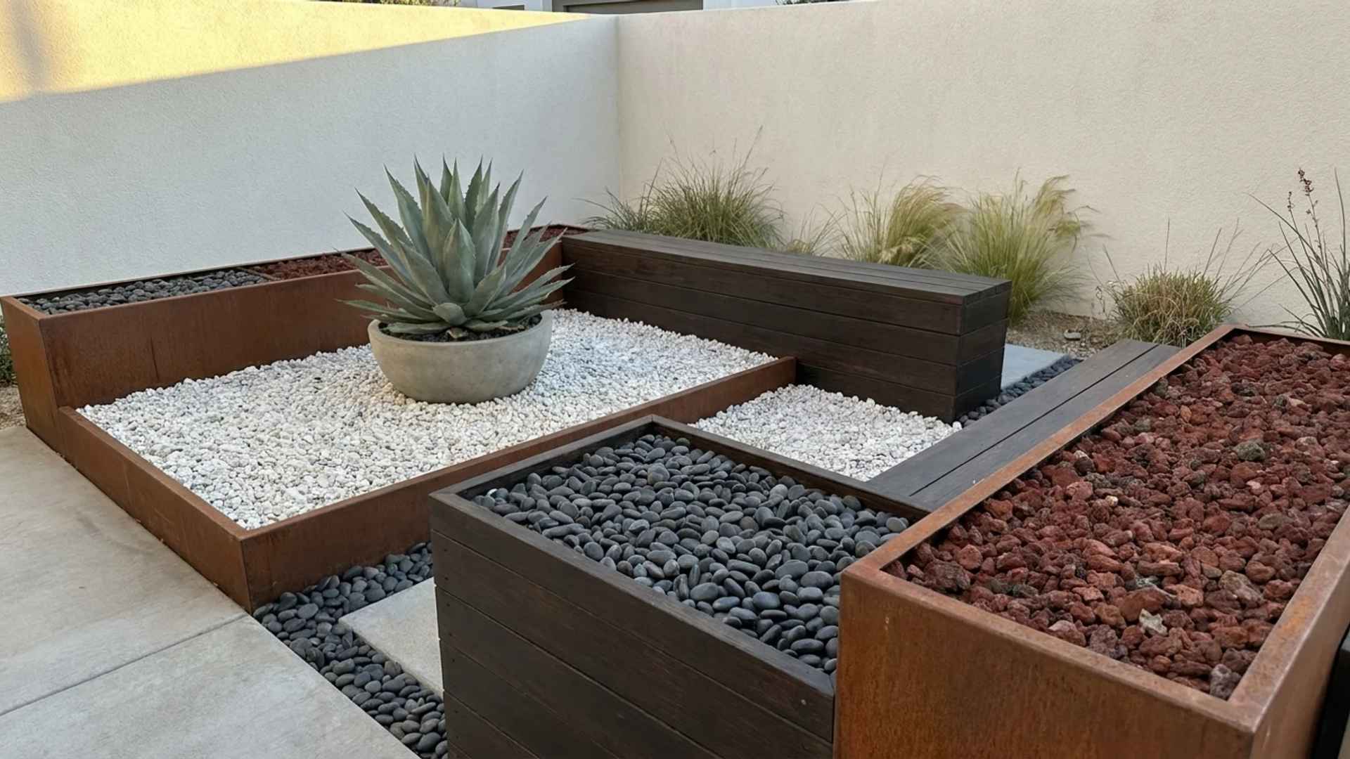Geometric rock garden with gravel sections, raised planters, and succulents in a modern courtyard.