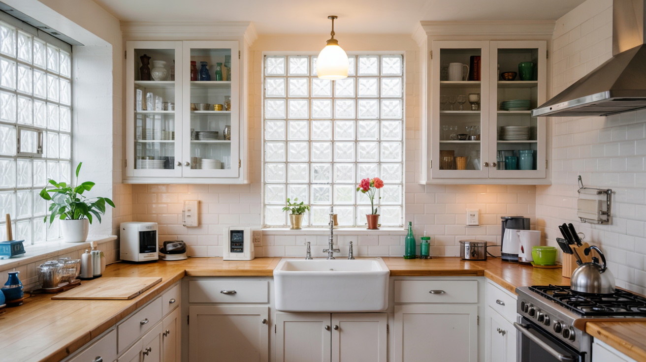 A unique kitchen backsplash built with translucent glass blocks that let in natural light while maintaining privacy.