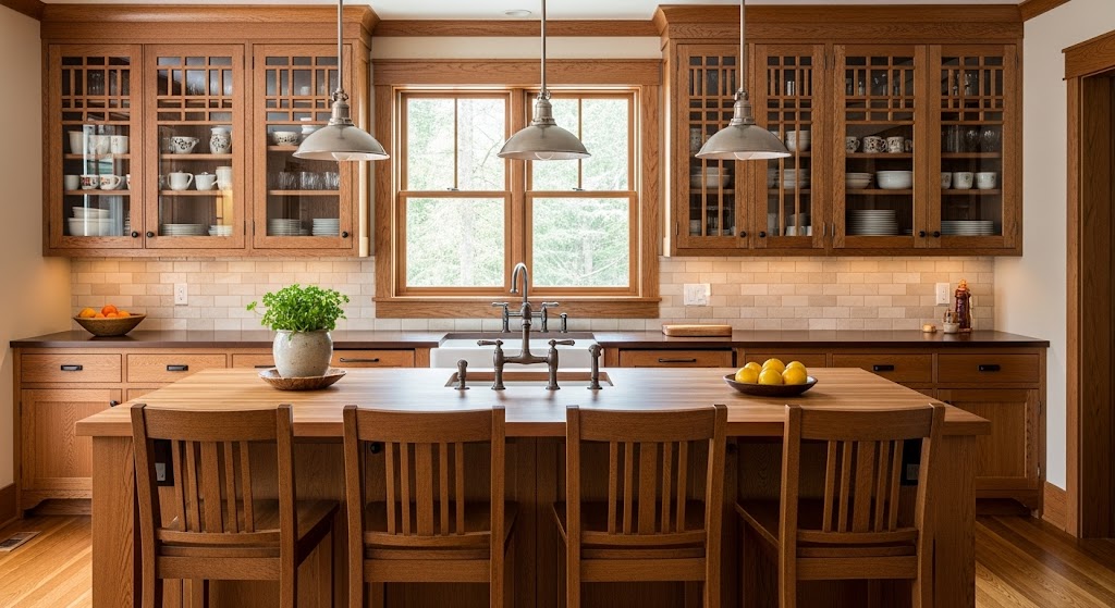 Craftsman kitchen with glass-front cabinets featuring geometric mullions and a central wood island.
