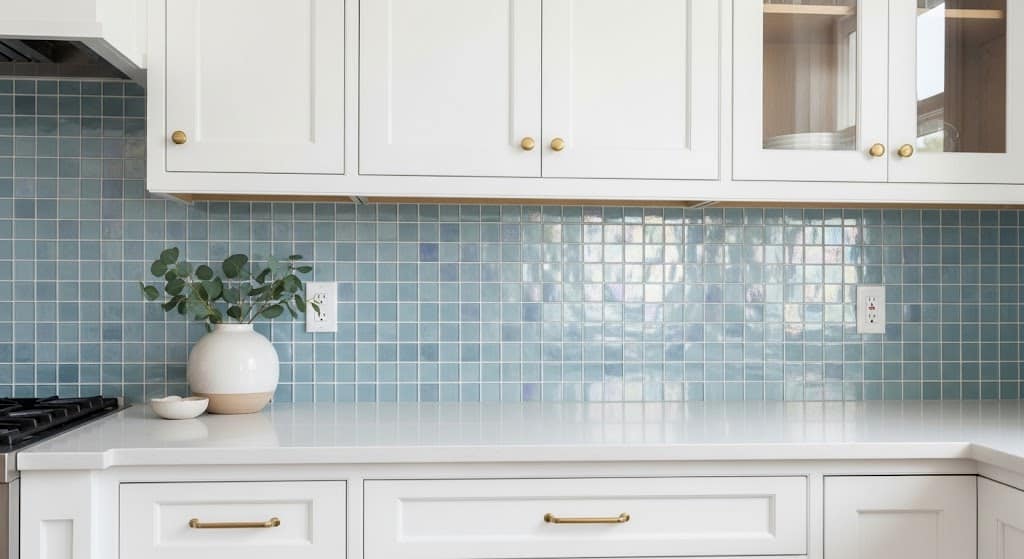 A bright kitchen featuring small, light blue iridescent glass mosaic backsplash tiles that softly reflect light.