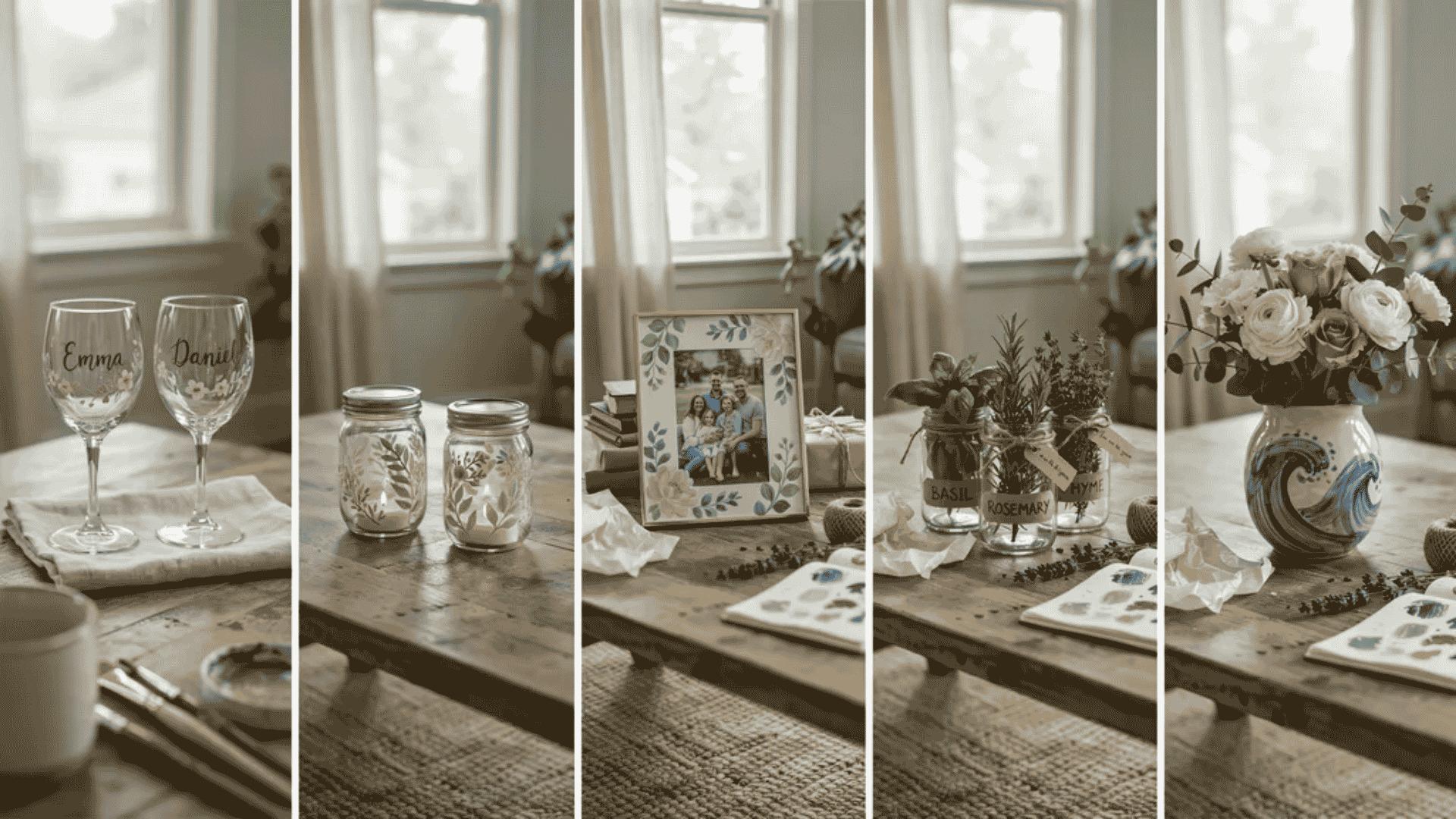 Personalized painted glass gifts including wine glasses, jars, frames and vases