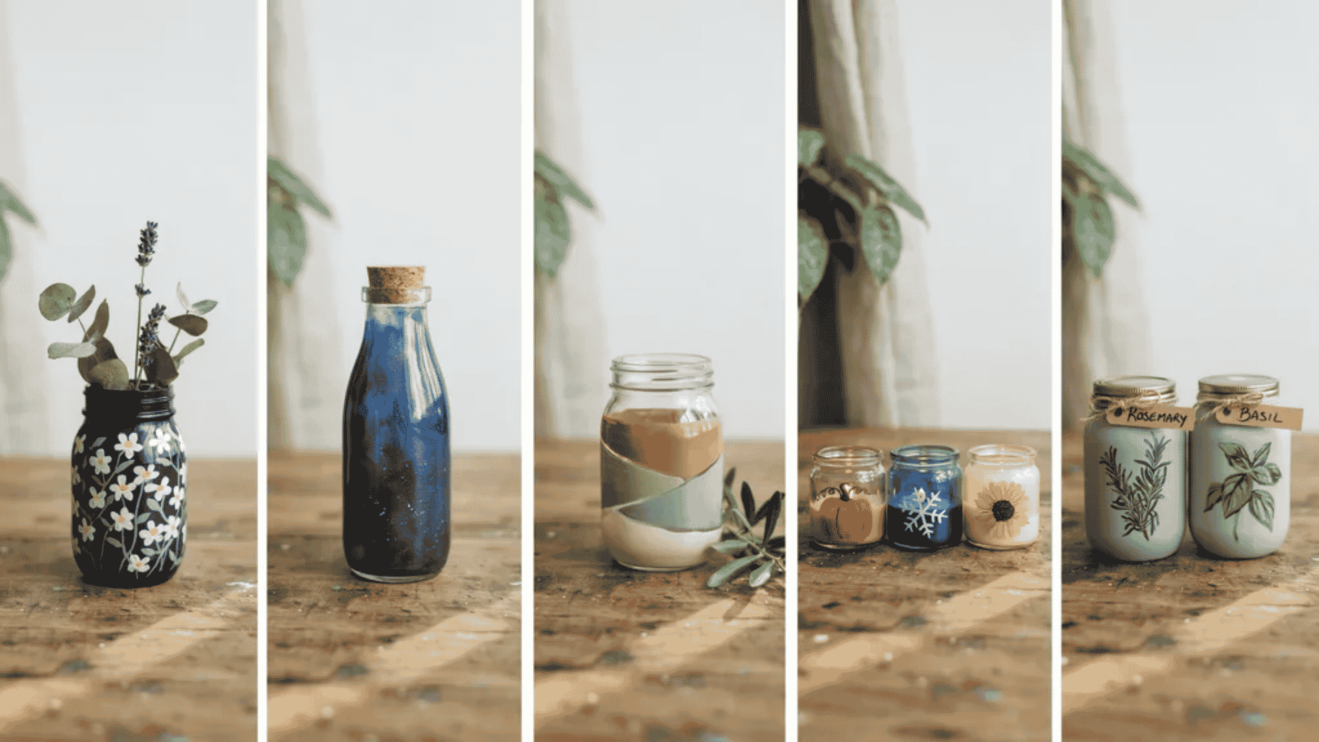 Glass painting collage featuring floral jars, galaxy bottles, geometric and herb jar designs