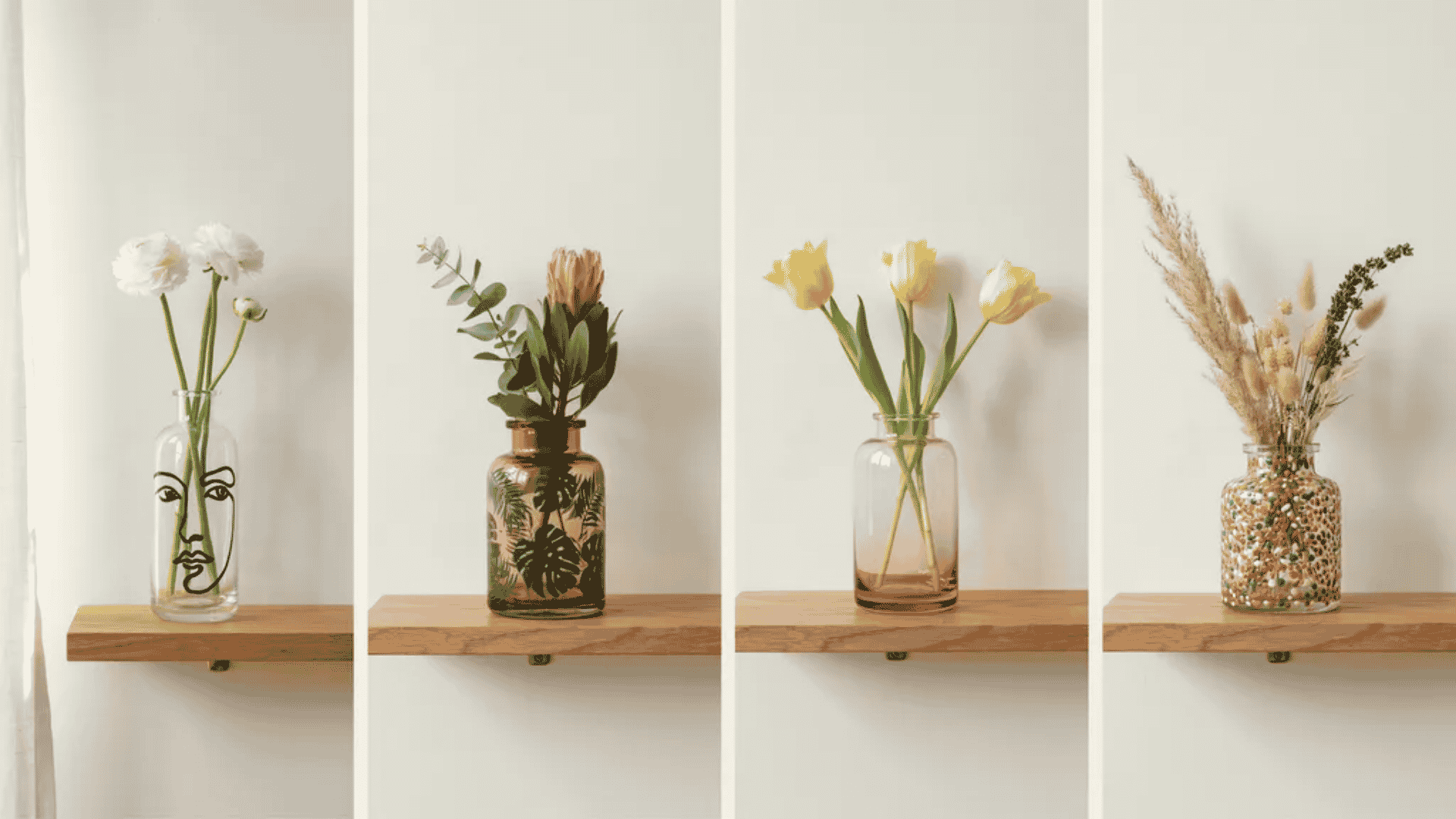 Hand-painted vase collage with line art, leaf prints, color wash and dot patterns