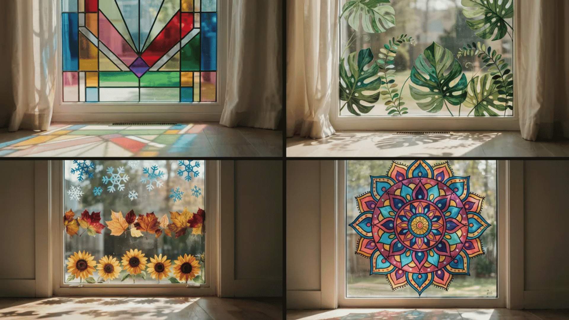 Window glass painting collage with stained glass, botanical, seasonal and mandala designs