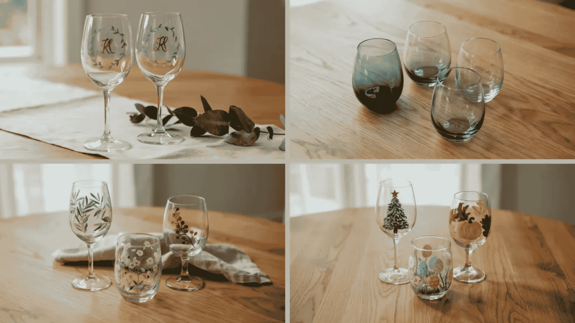Painted wine glasses with monograms, ombre effects, botanical and holiday designs