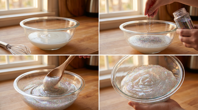 Step-by-step slime making process showing glitter slime being mixed in a glass bowl on a wooden kitchen countertop