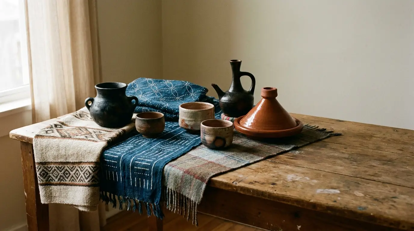 Rustic pottery and textiles on wooden table in softly lit room