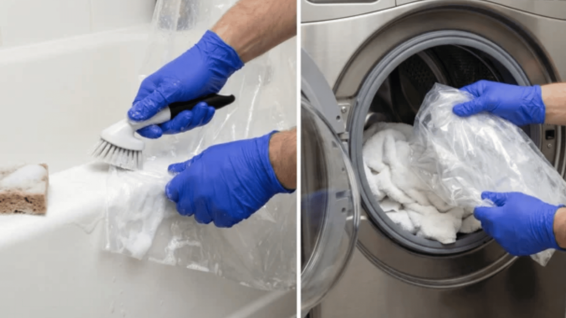 Gloved hands scrubbing a shower curtain and loading it into a washing machine with towels