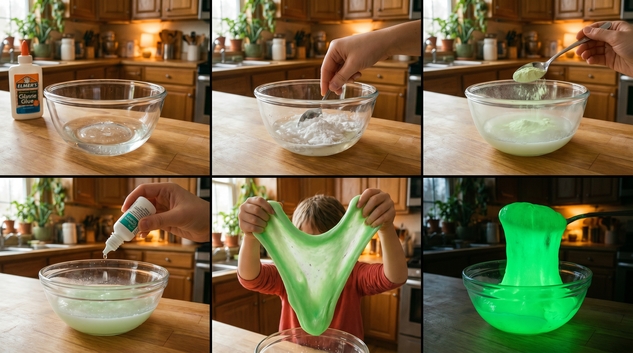Step-by-step slime making process showing glow-in-the-dark slime being prepared in a glass bowl in a cozy kitchen setting