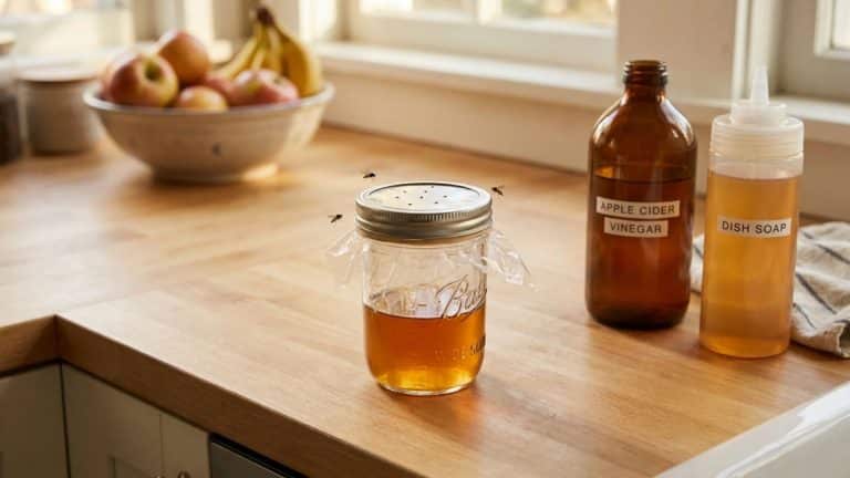 DIY gnat trap with apple cider vinegar and dish soap in a jar on a kitchen counter.