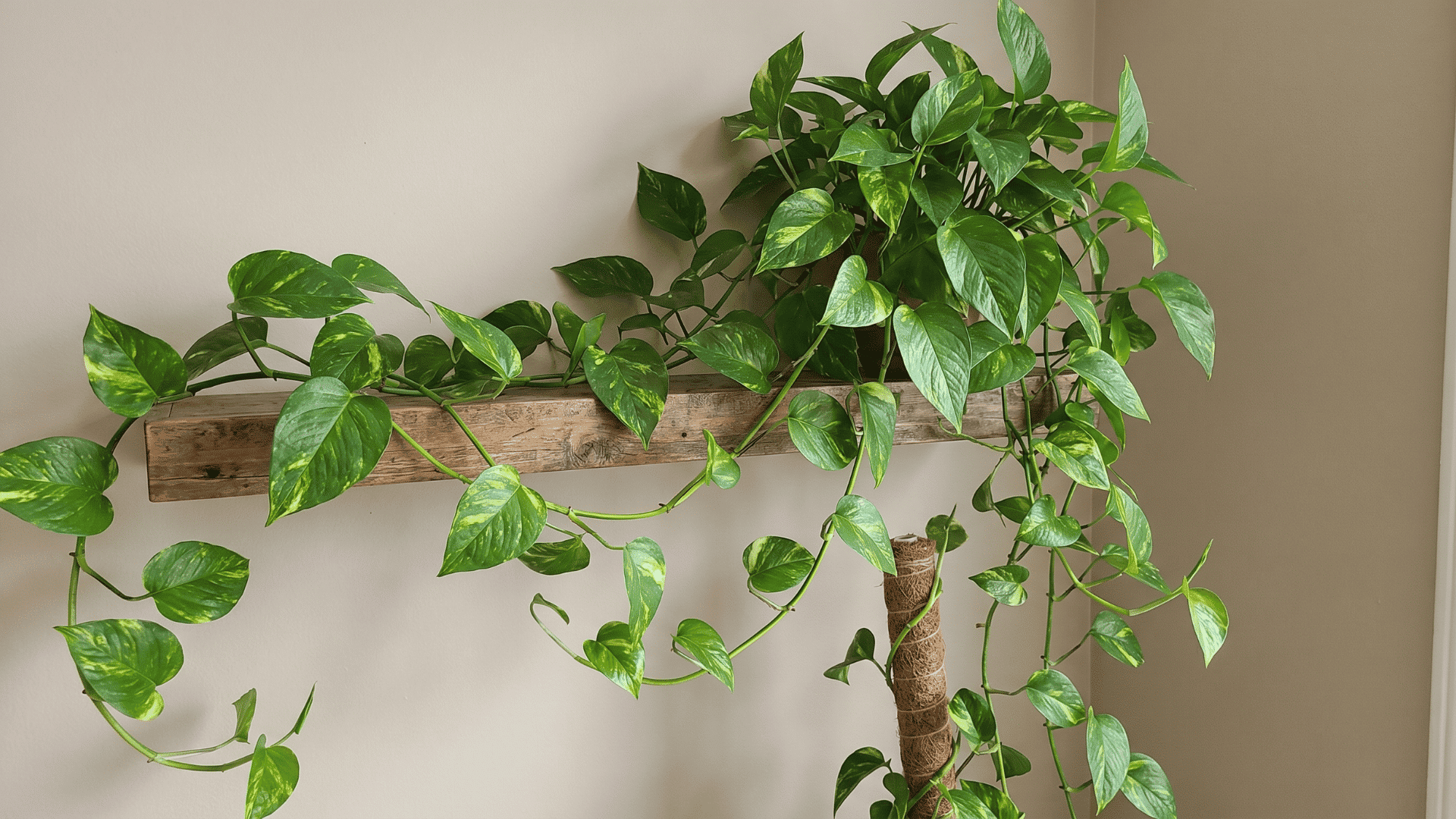 Golden Pothos trailing from a shelf with heart-shaped green leaves marbled yellow.