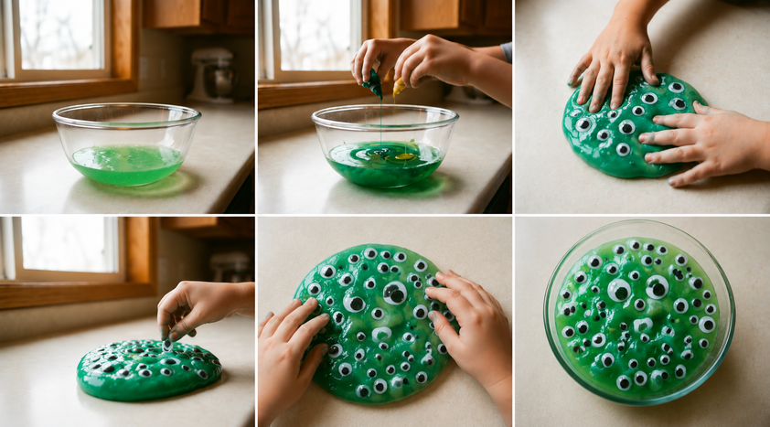 Step-by-step slime making process showing monster slime with googly eyes being created in a glass bowl on a kitchen countertop