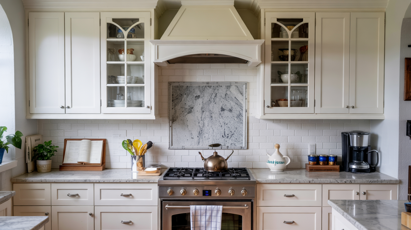 Polished natural granite stone strips arranged tightly to form a durable, multi-toned kitchen backsplash.