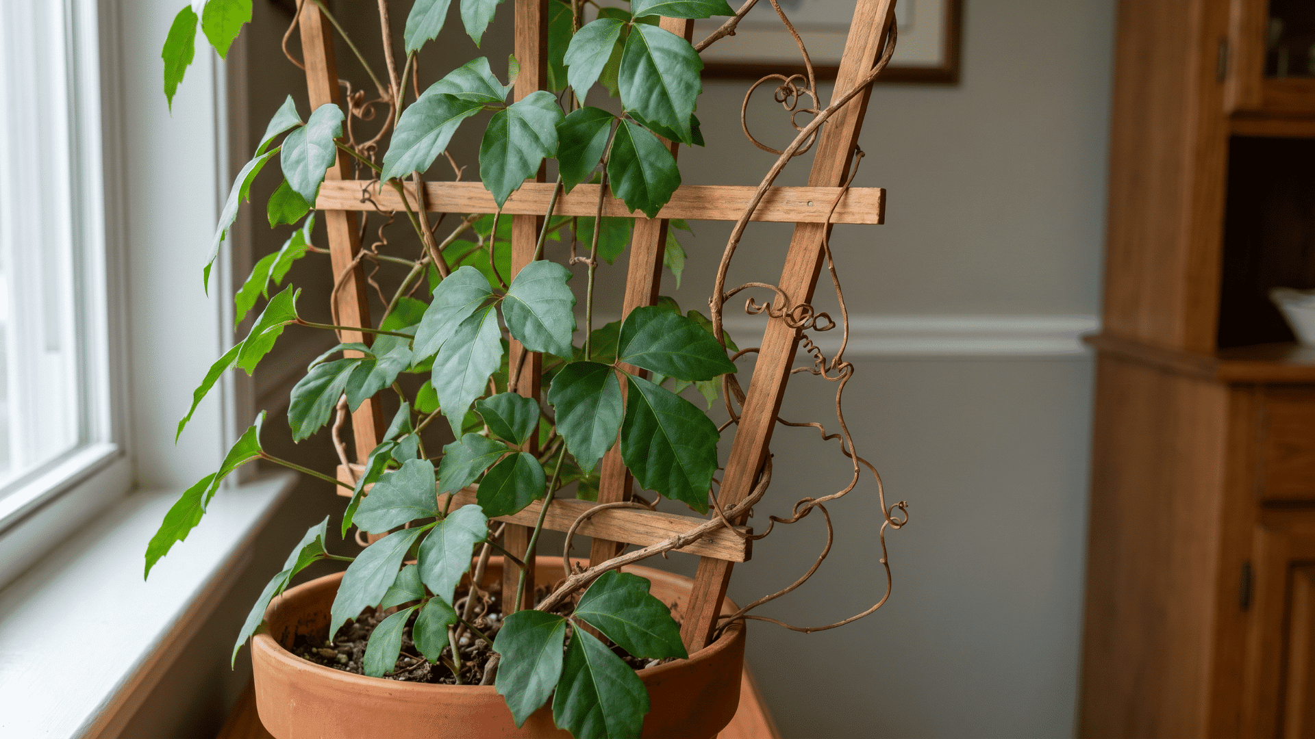 Grape Ivy climbing a trellis with stems bearing three deep green leaflets.