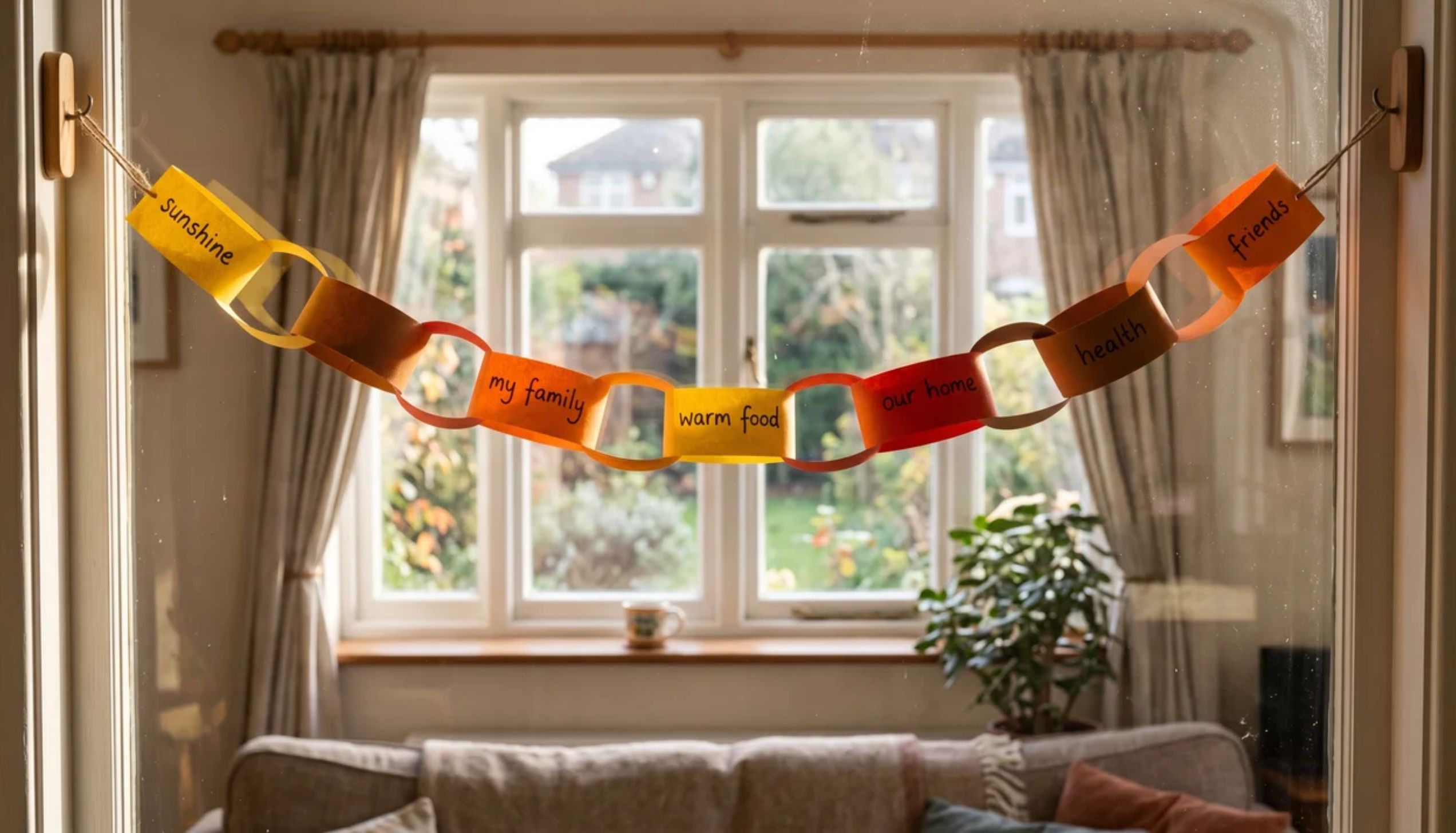 A paper gratitude chain with handwritten notes hanging across a window, representing easy thanksgiving crafts.