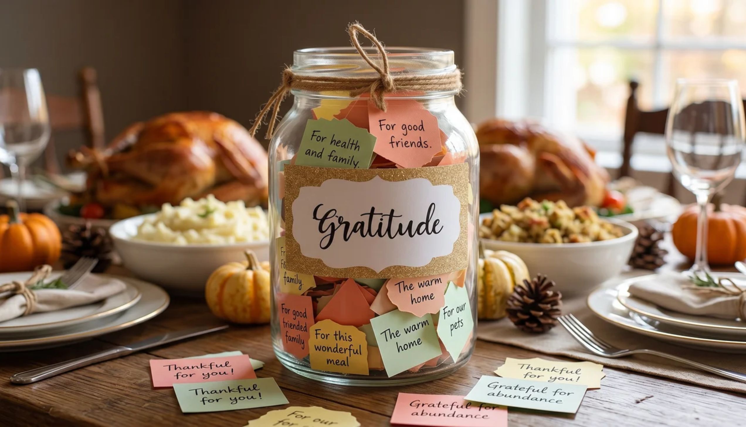 A glass gratitude jar on a dinner table, ideal for easy thanksgiving crafts.