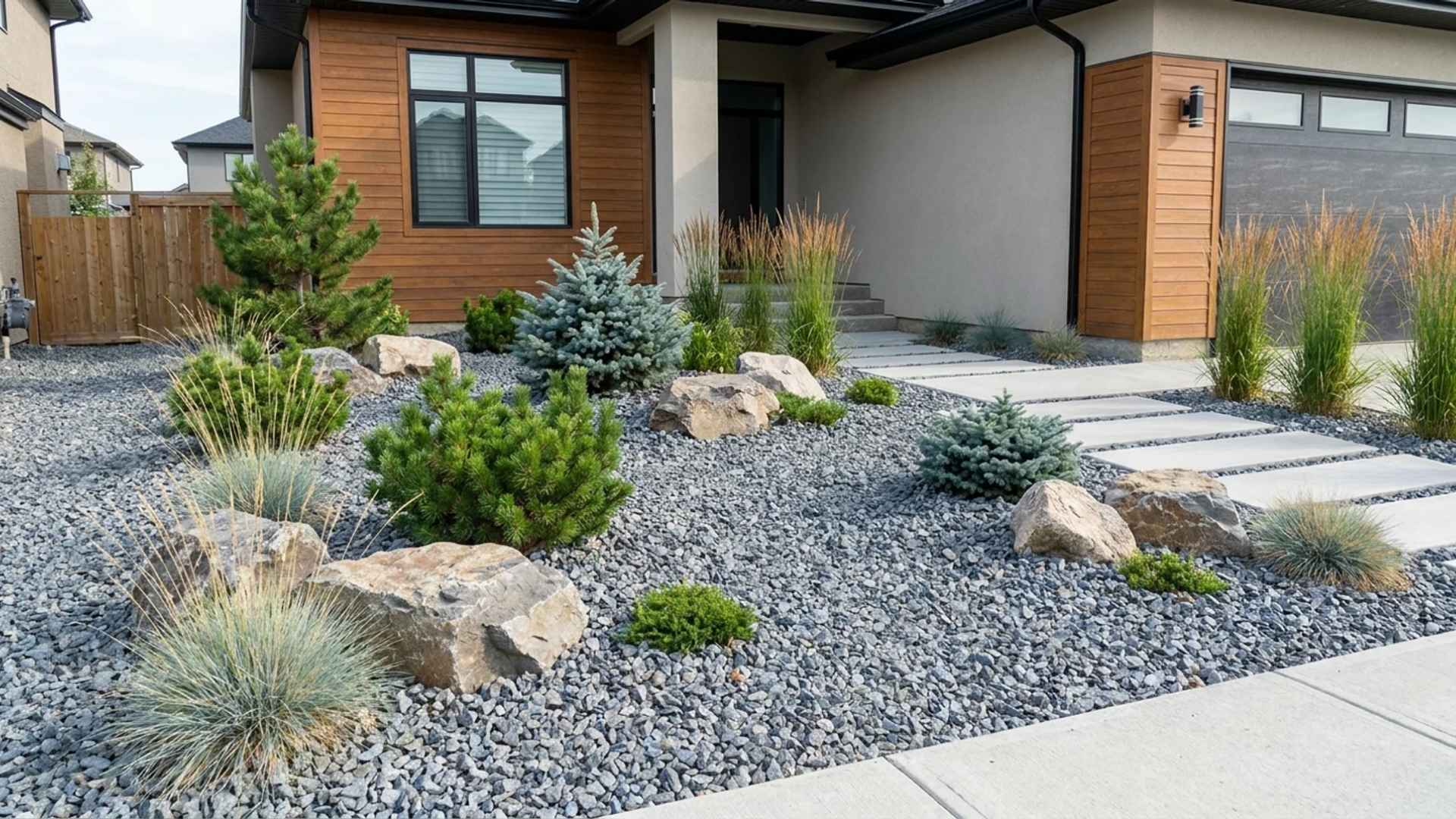Modern front yard with gravel landscaping, boulders, shrubs, and stepping stone walkway.