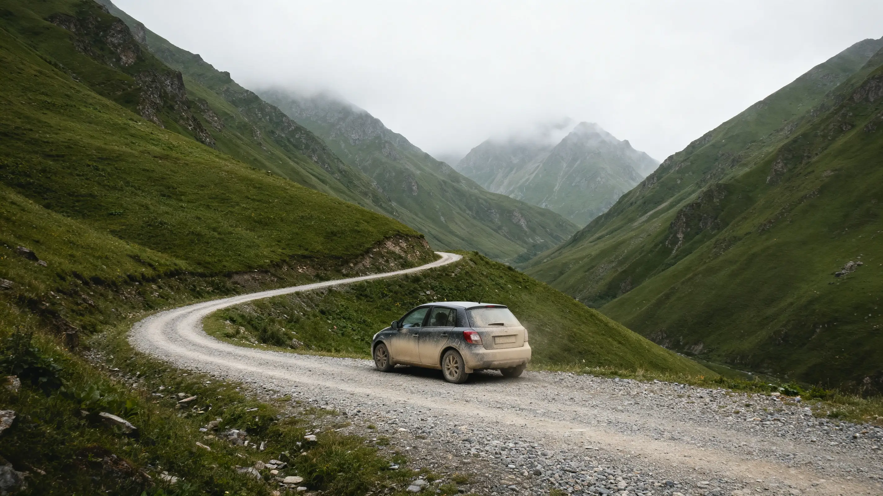 Dusty car driving on winding gravel road through foggy mountain valley landscape