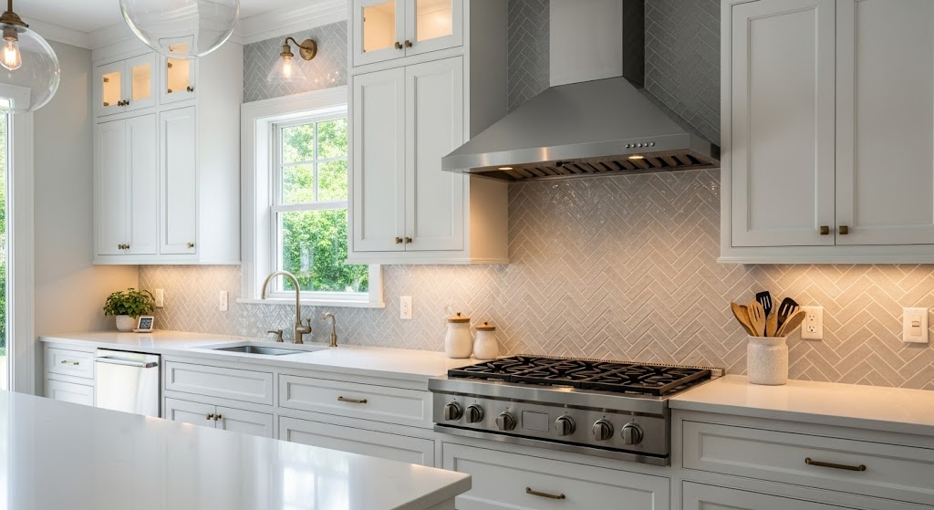 Light gray rectangular tiles arranged in a sophisticated herringbone pattern above a white kitchen countertop.