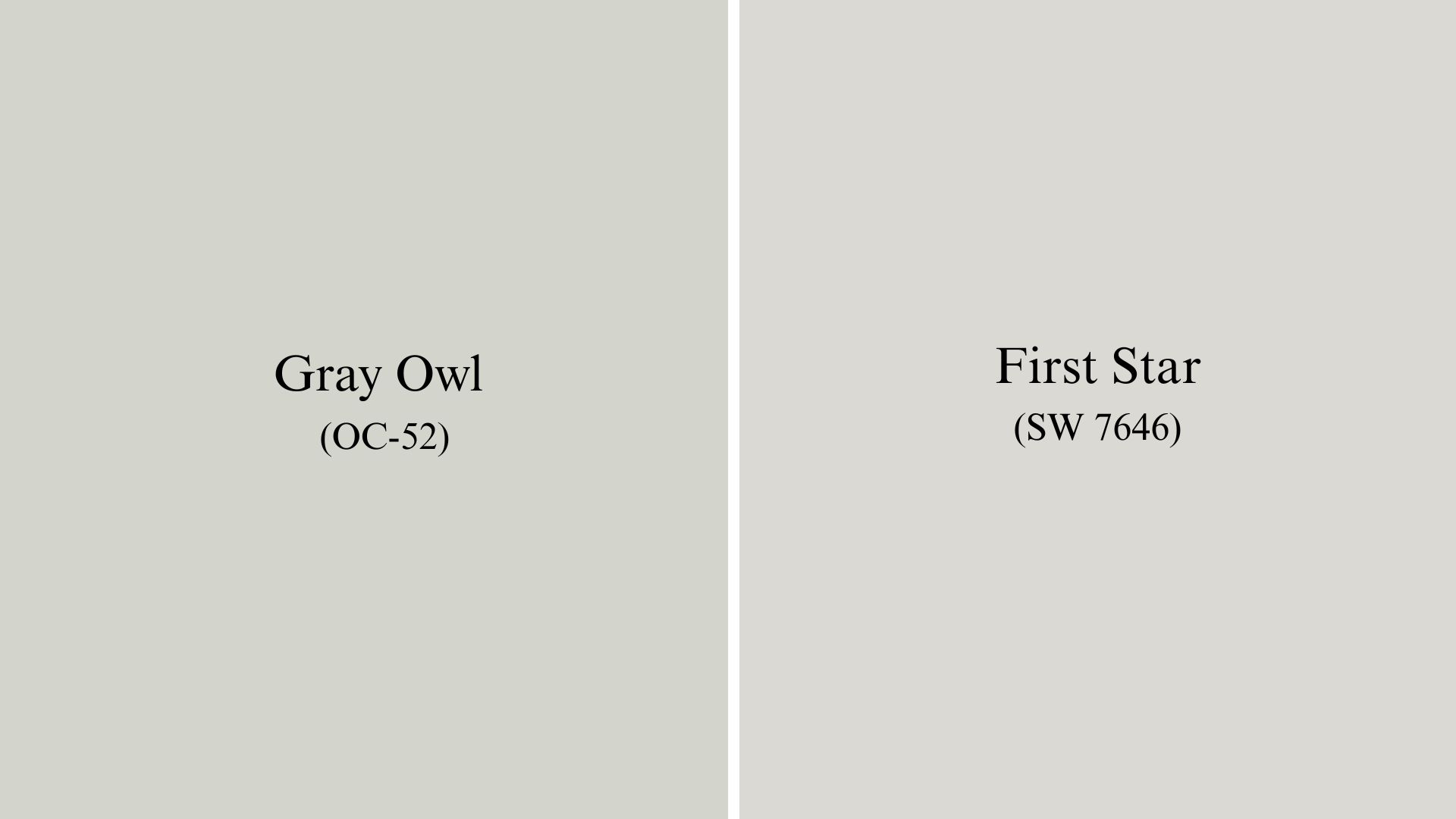 A side-by-side color comparison of Sherwin-Williams Repose Gray on the left and Sherwin-Williams First Star on the right.