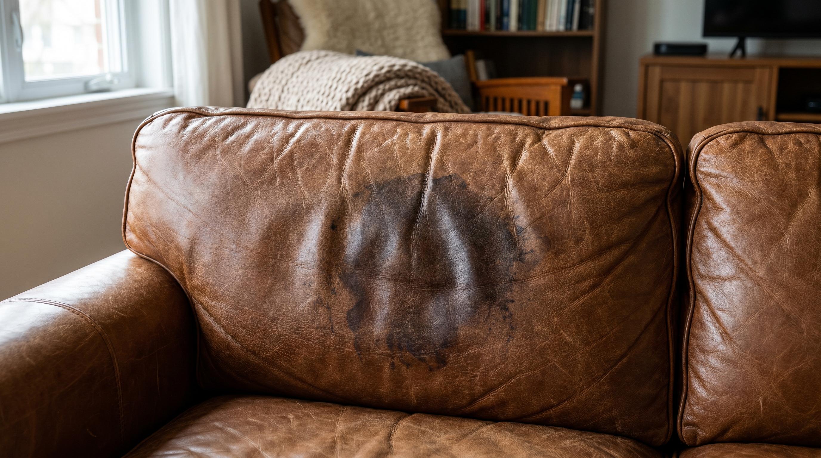 Grease and oil stain absorbed into a brown leather sofa cushion with realistic leather texture and natural indoor lighting.