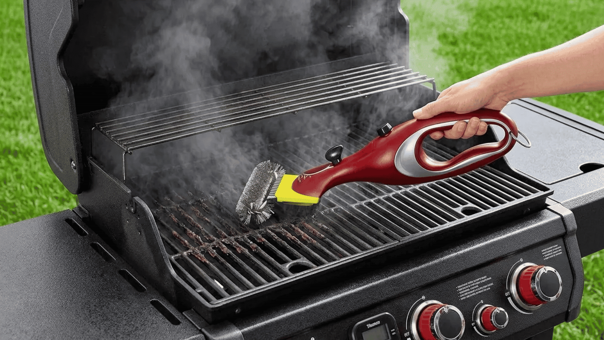 Person using a steam grill brush to clean smoking grill grates on an outdoor gas barbecue.