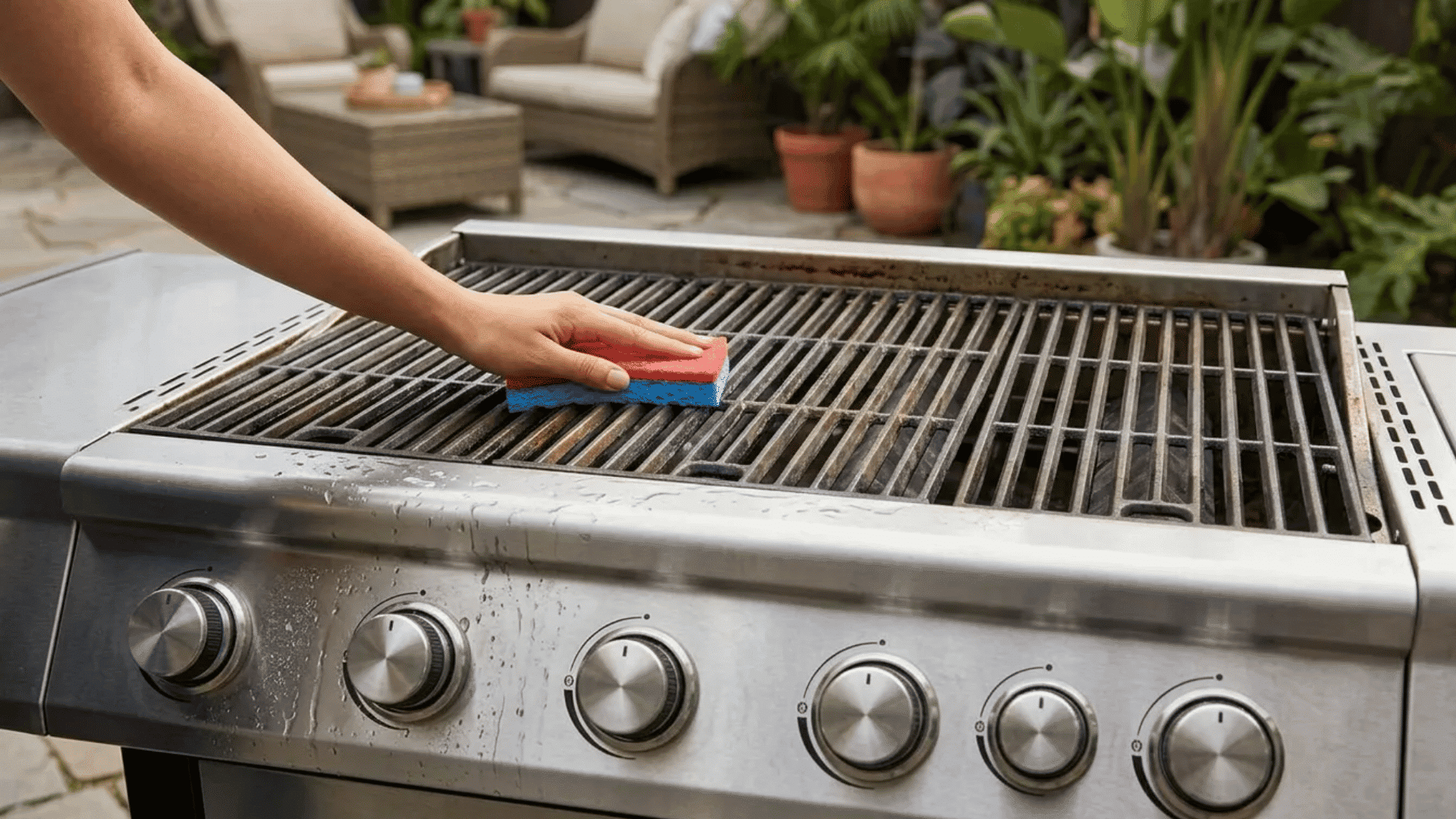 Person wiping clean stainless steel grill grates with a sponge on an outdoor gas barbecue grill.