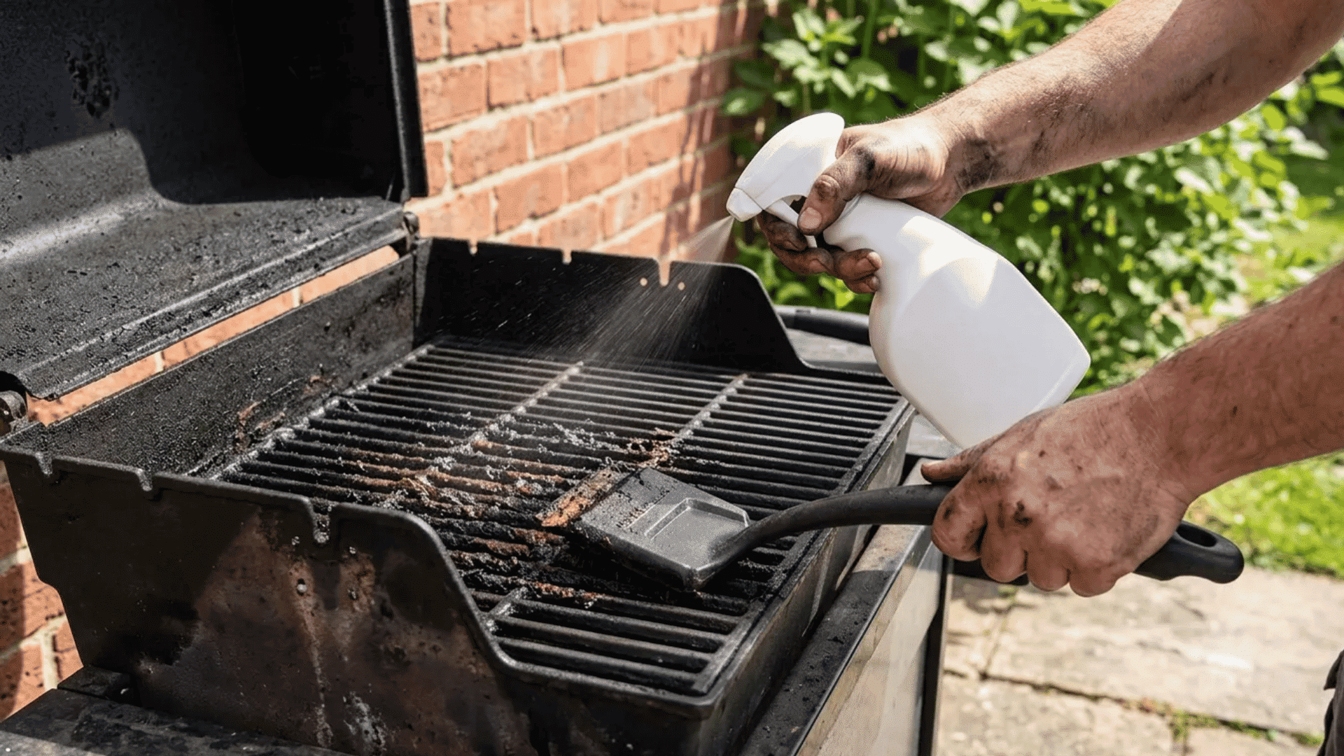 Person spraying grill cleaner on dirty barbecue grates while scrubbing with a grill brush outdoors.