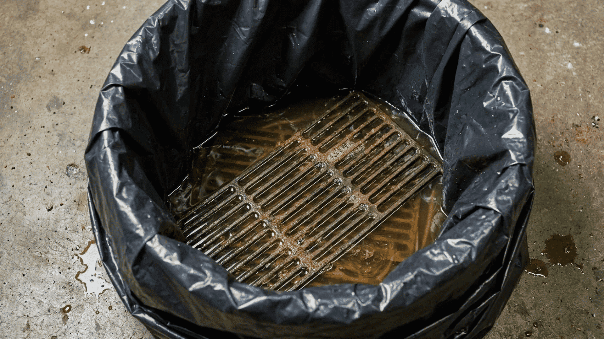 Dirty grill grate soaking inside a trash bag filled with cleaning solution for deep grease removal.