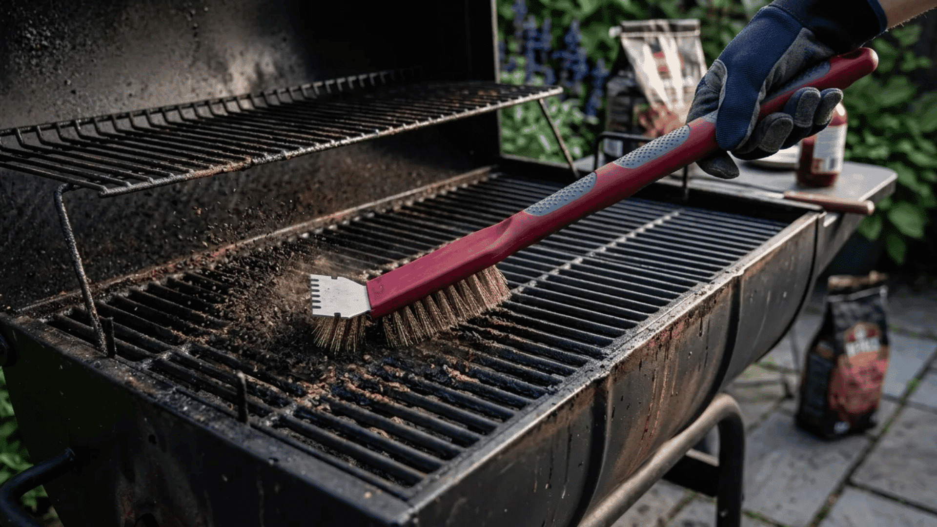 Person cleaning black grill grates with a wire brush inside an outdoor barbecue grill.