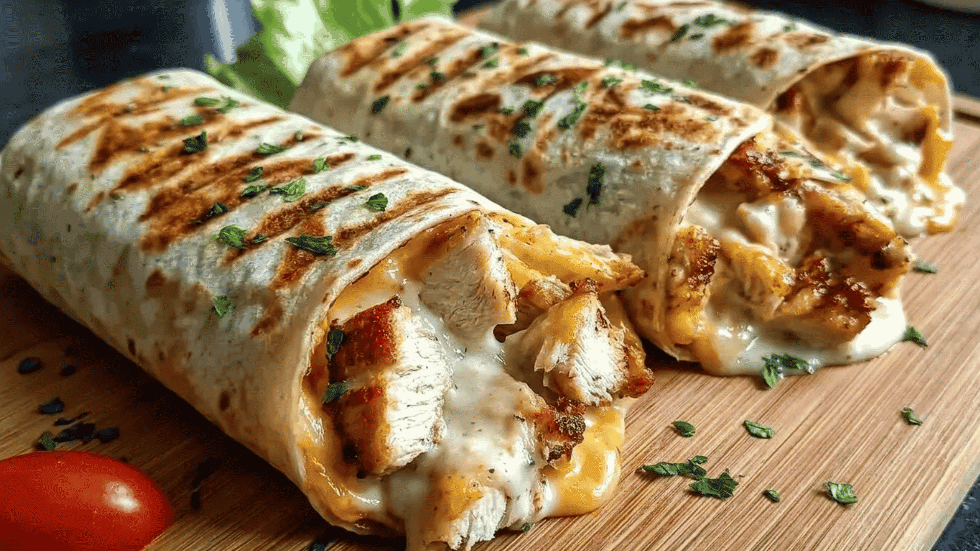 Grilled chicken wraps stuffed with melted cheese and creamy sauce in toasted tortillas.