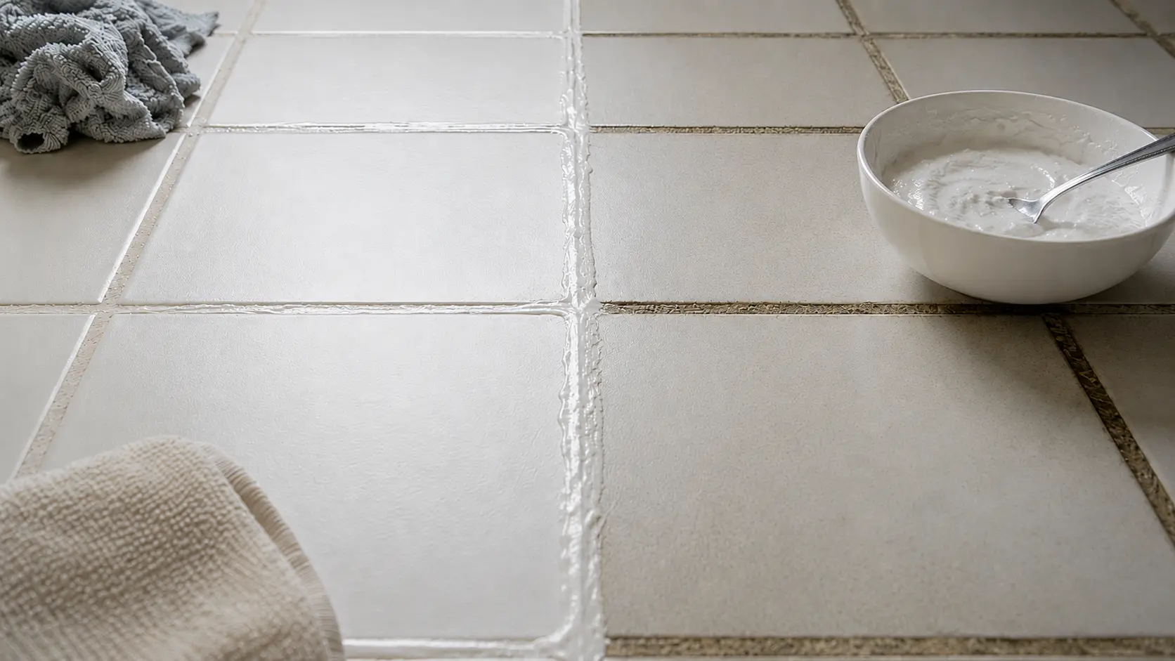 Baking soda paste being scrubbed into grout lines with toothbrush to brighten bathroom tiles.