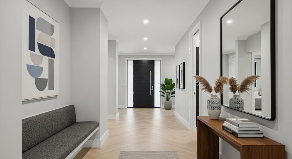 A long, modern entryway featuring light gray walls, light wood chevron flooring, and a dark front door.
