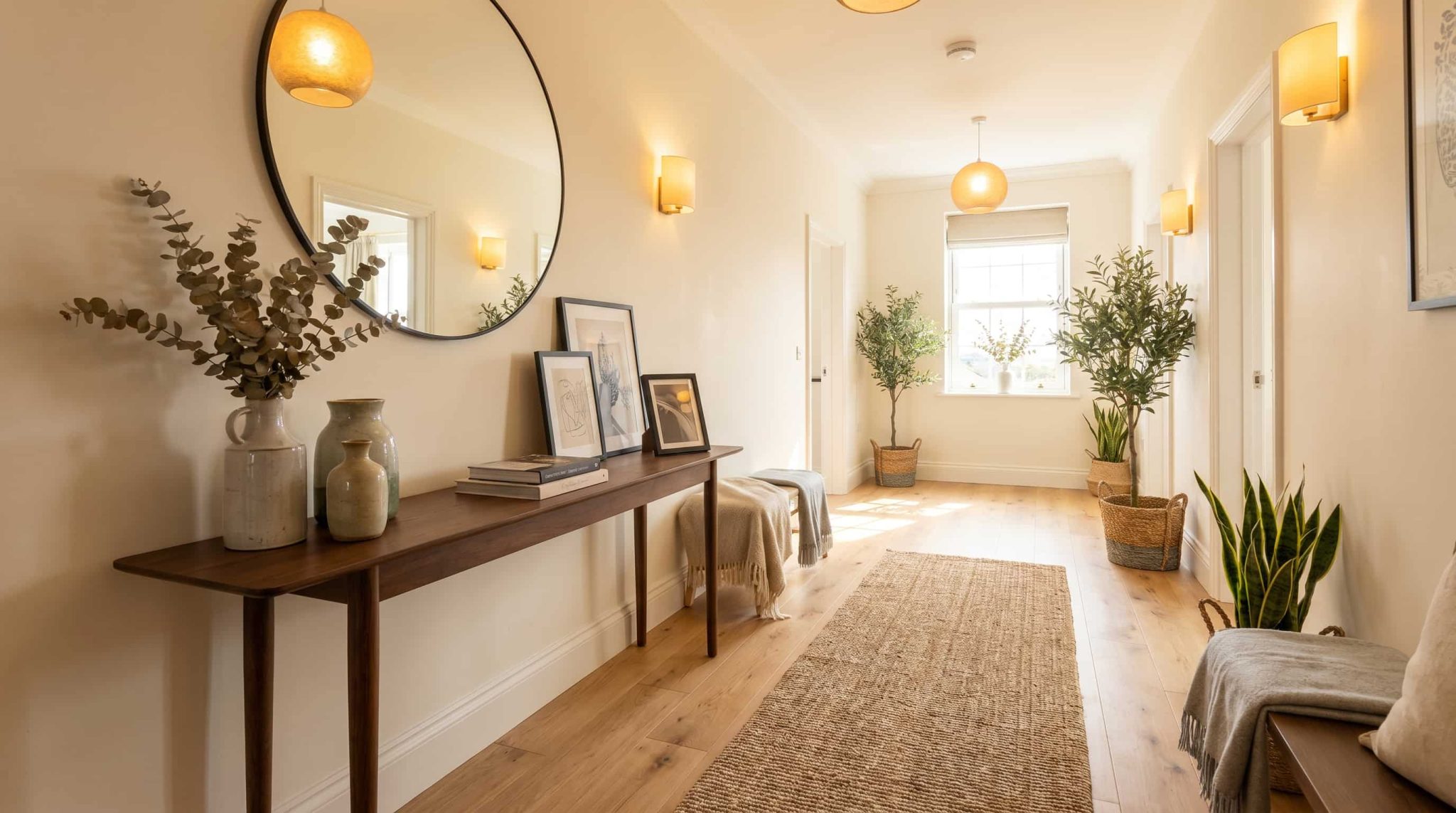 Neutral modern entryway with woven rug, warm lighting, plants, and minimalist furniture showcasing stylish hallways decor ideas.