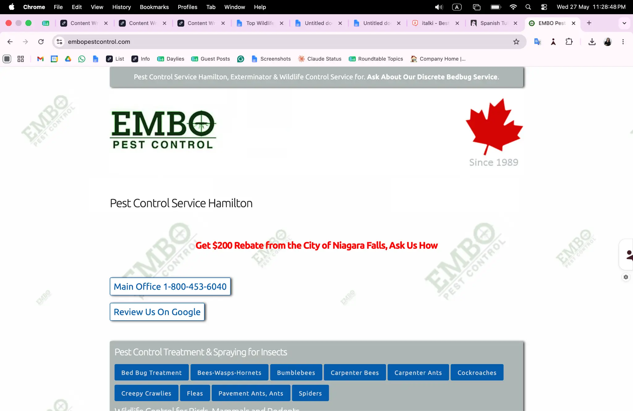 EMBO Pest Control website homepage displaying contact information and service details