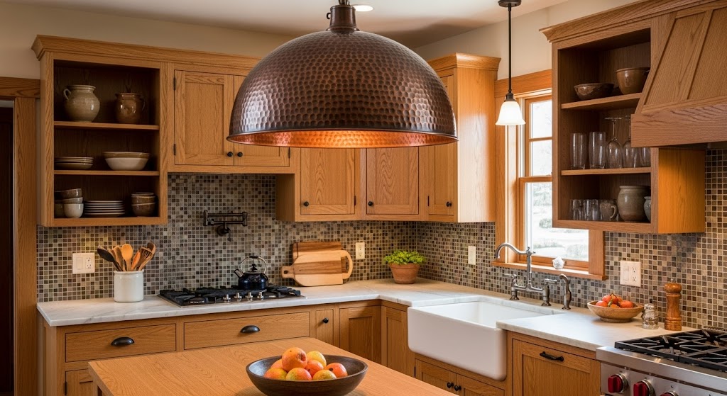 Craftsman kitchen with a large hammered copper dome pendant light hanging over a central wood island.