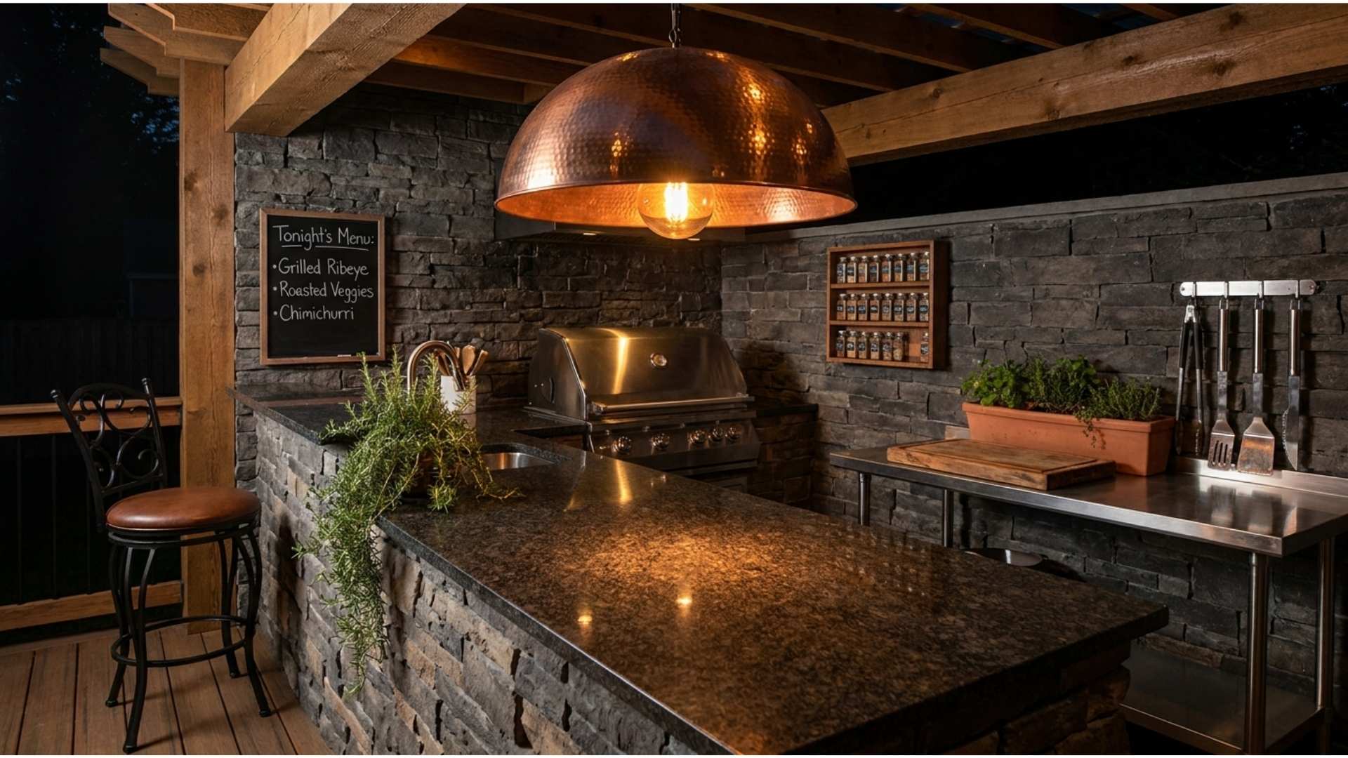 Hammered copper pendant light glowing above an outdoor kitchen grill station on a covered deck at night