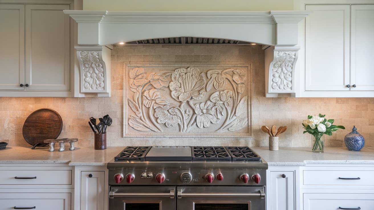 A luxury kitchen highlighting a premium hand-carved stone tile backsplash with raised decorative relief patterns.