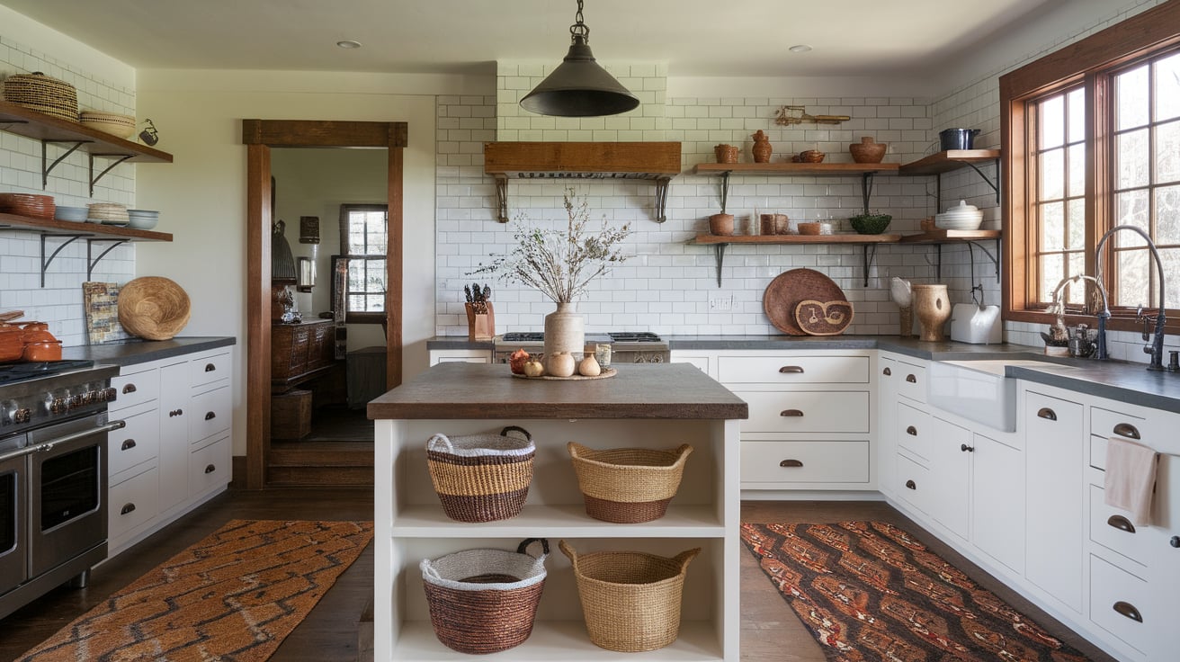 Craftsman kitchen featuring handcrafted pottery on open shelves, woven baskets under an island, and a vintage rug.