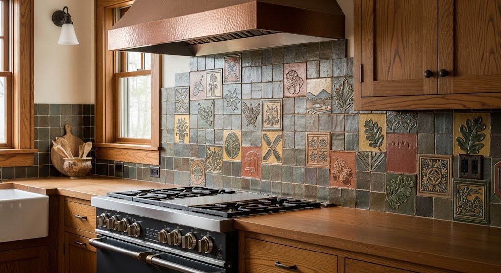 Craftsman kitchen with handmade ceramic tiles featuring nature motifs as a detailed backsplash over a range.