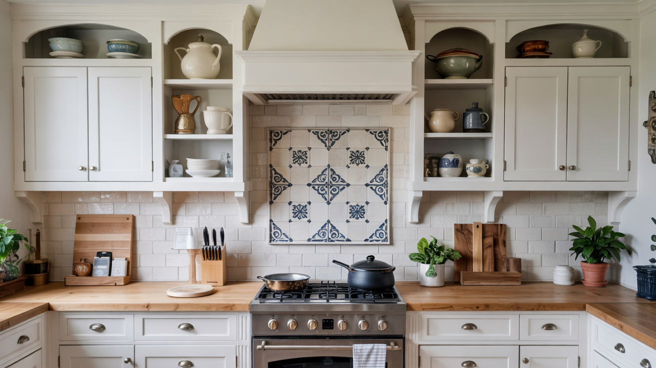 Artisan-made ceramic tiles with beautiful, subtle variations in glaze and texture on a kitchen wall.
