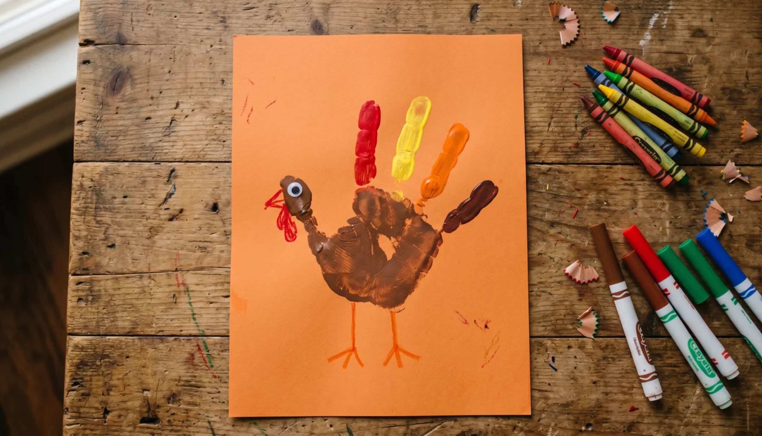 Child's handprint turkey craft on orange cardstock with colorful painted fingers to make a easy Thanksgiving craft for kids