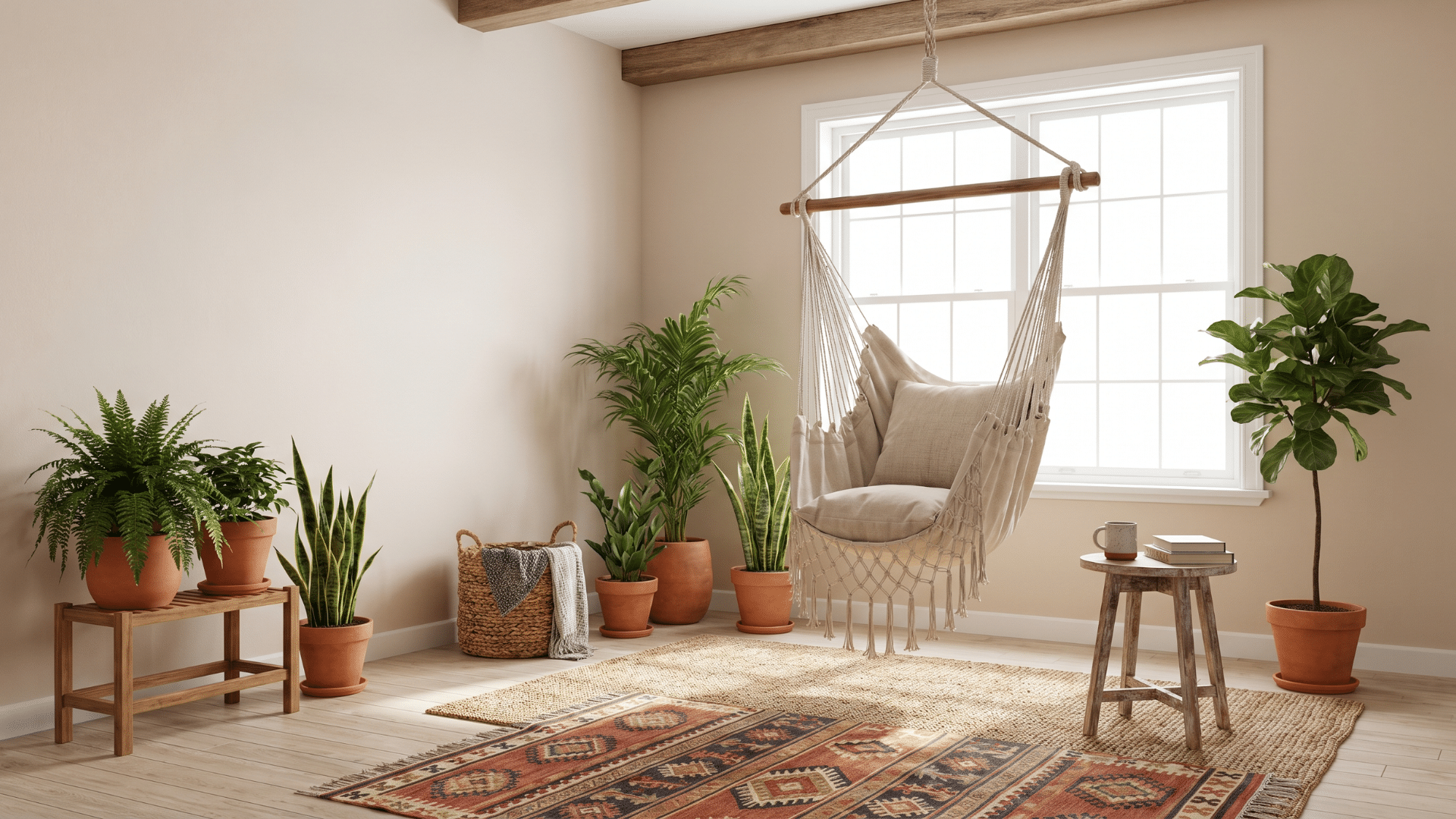Hanging chair suspended from the ceiling in a boho living room with rugs and plants