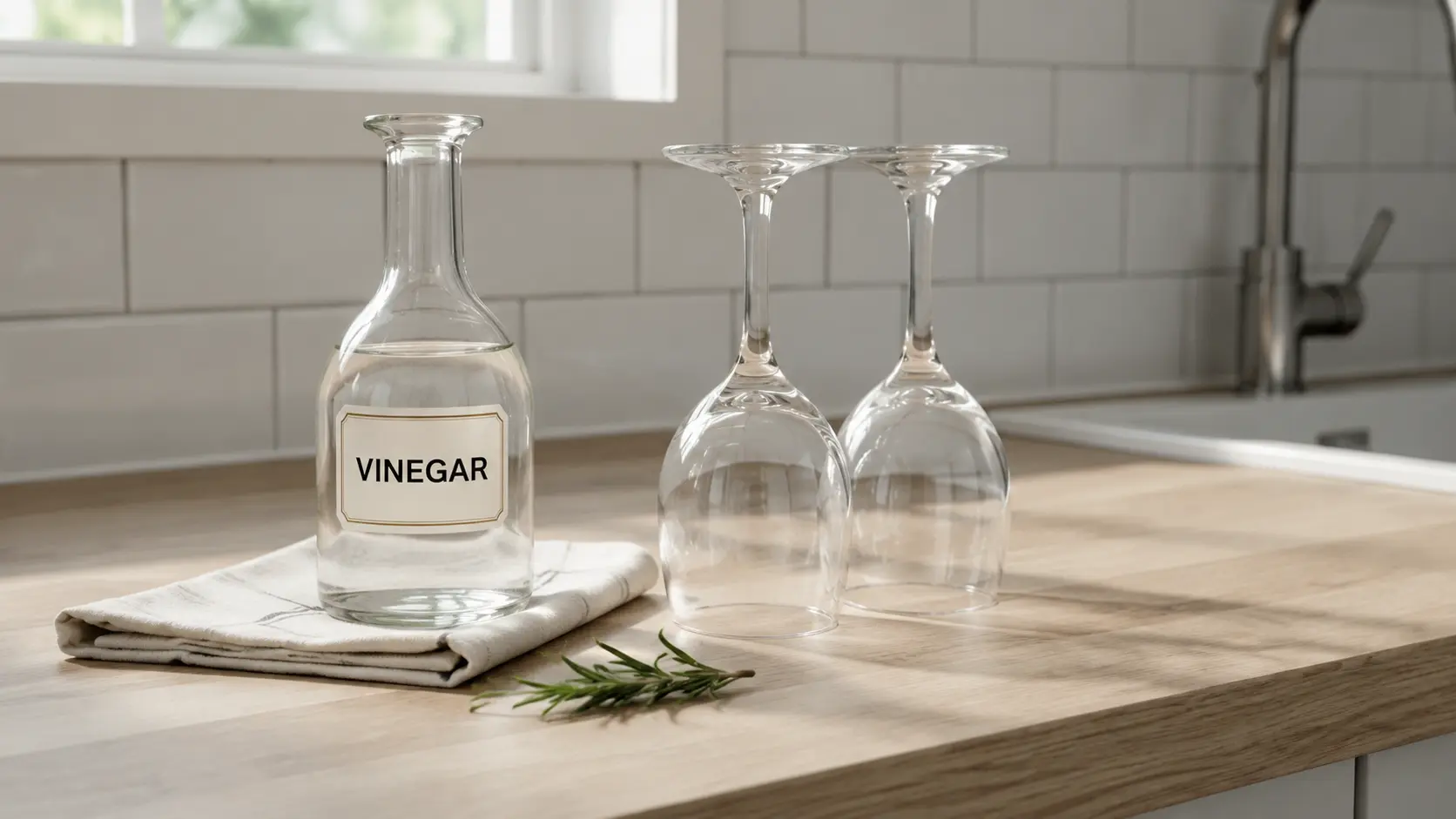 Vinegar added to dishwasher rinse aid compartment to prevent hard water spots on glassware.
